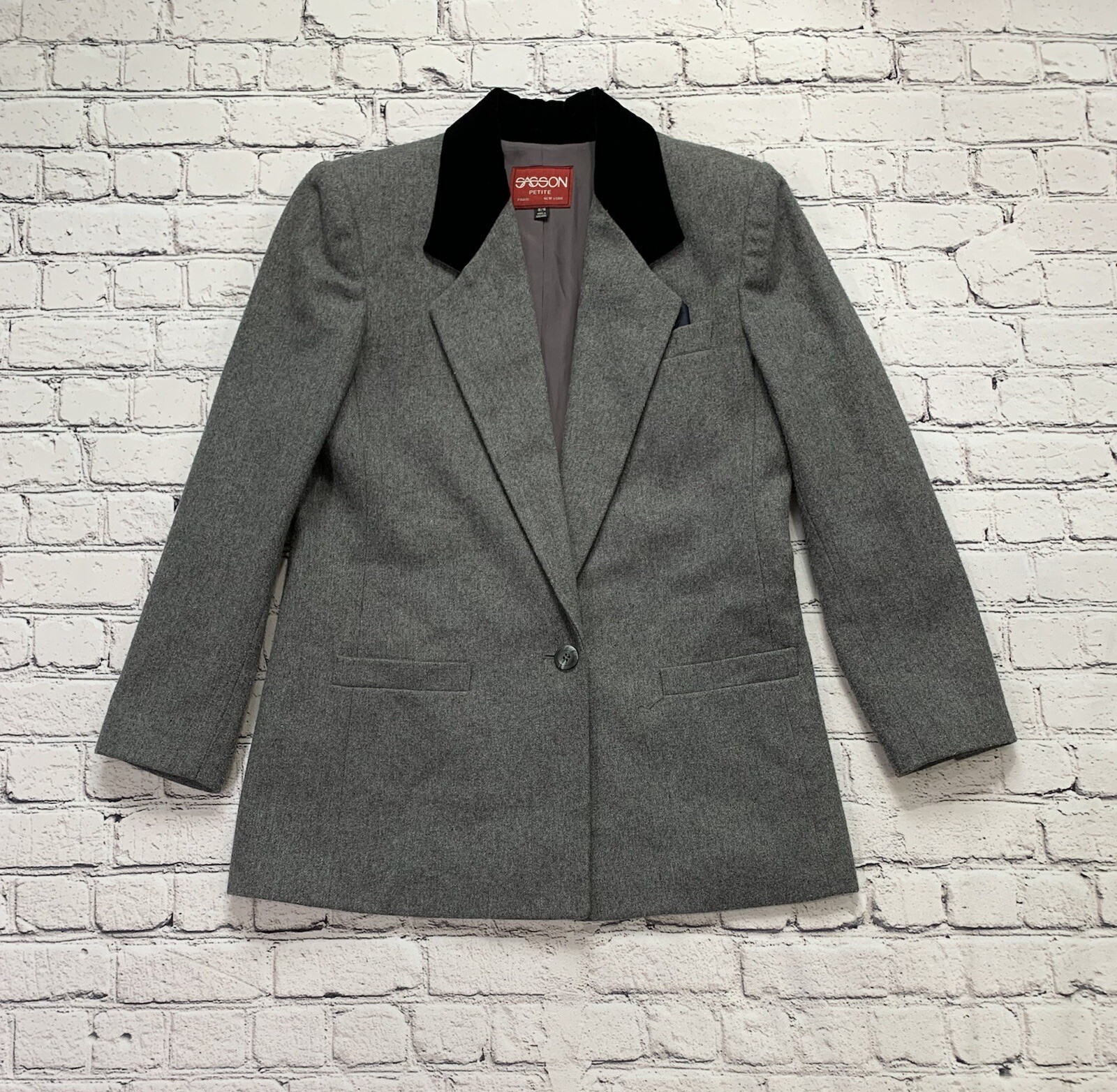 VTG Sasson Women’s Size 8/9 Wool Blend Gray Blazer One Button & Single Breasted