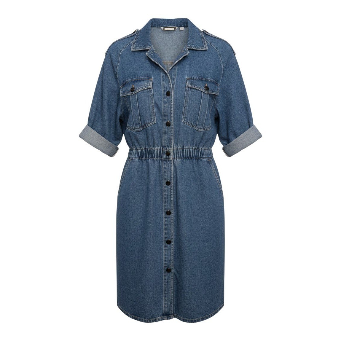 VTG Ideas Denim Shirt Dress Blue Button Front Elastic Waist – M