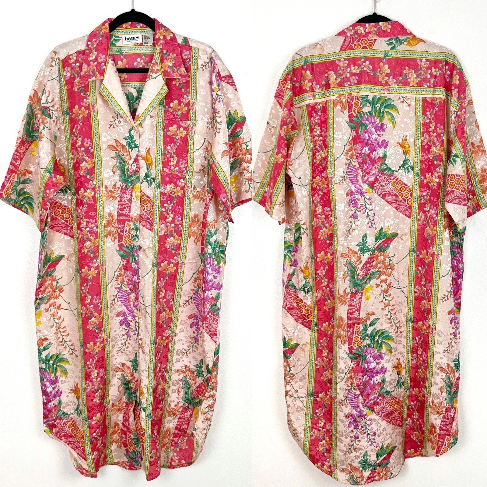 Vintage Hanes Womens Muumuu Kaftan Tropical Flower Satin Brocade Button Down M/L