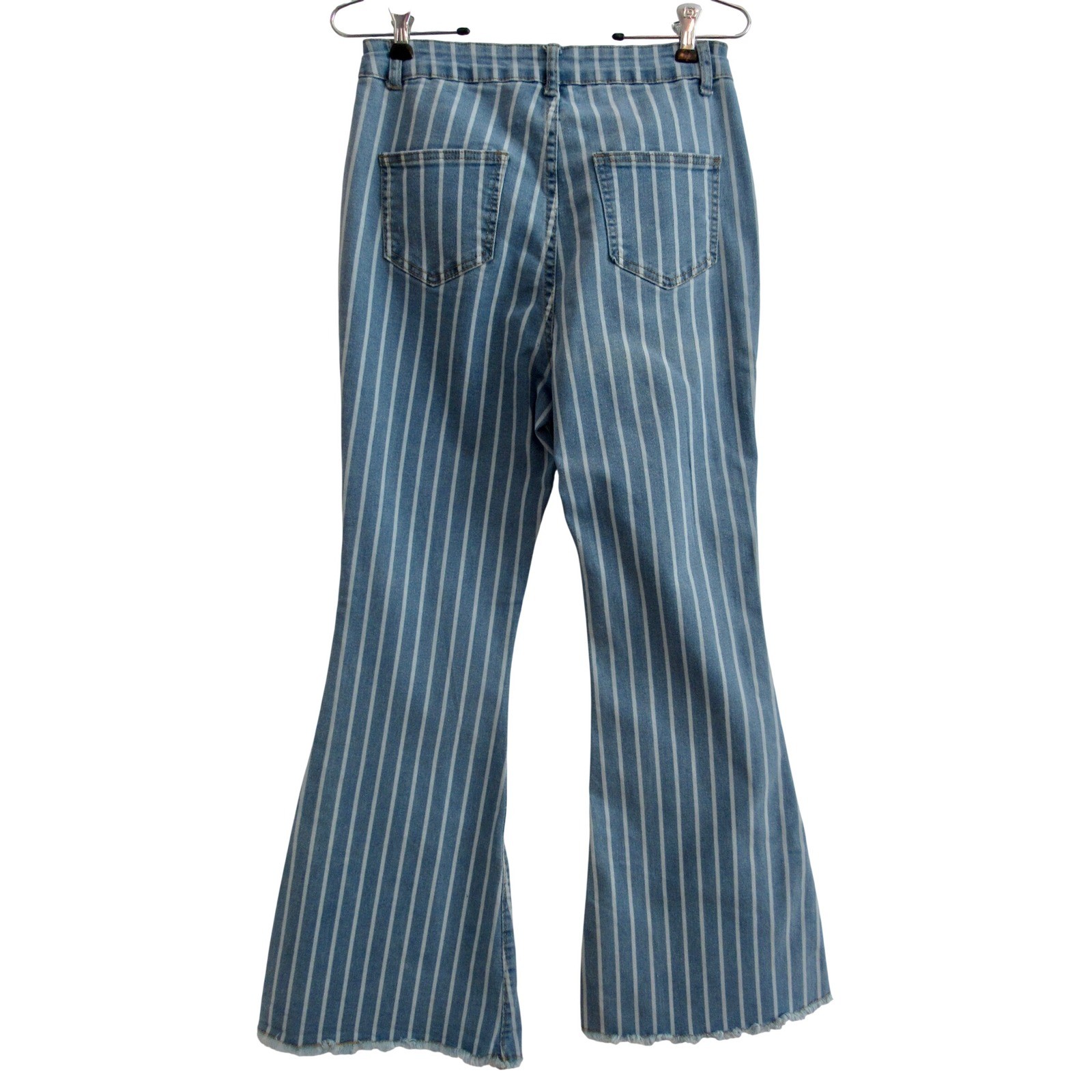 High Rise Flare Jean Blue White Stripe Bell Bottom Raw Hem Retro Boho Festival M