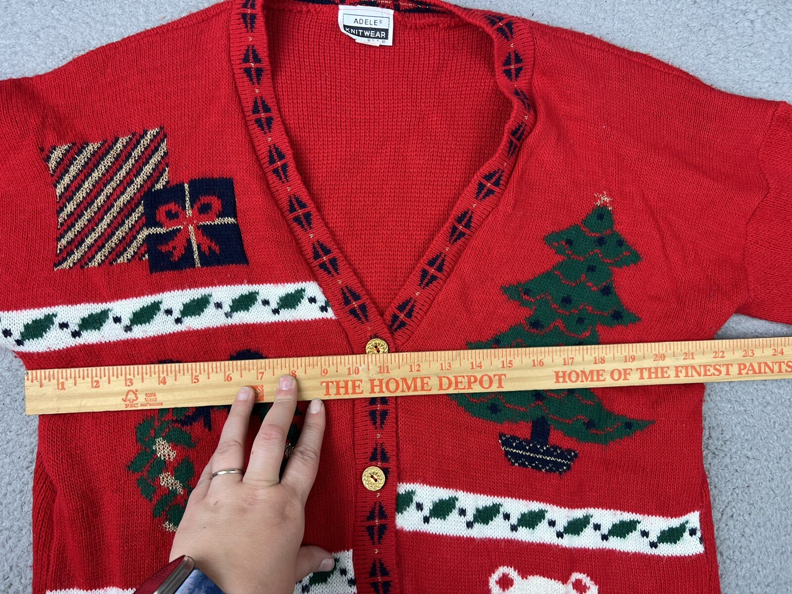 VTG Adele Knitwear Ugly Christmas Sweater Large Bear Tree Bells Present Cardigan
