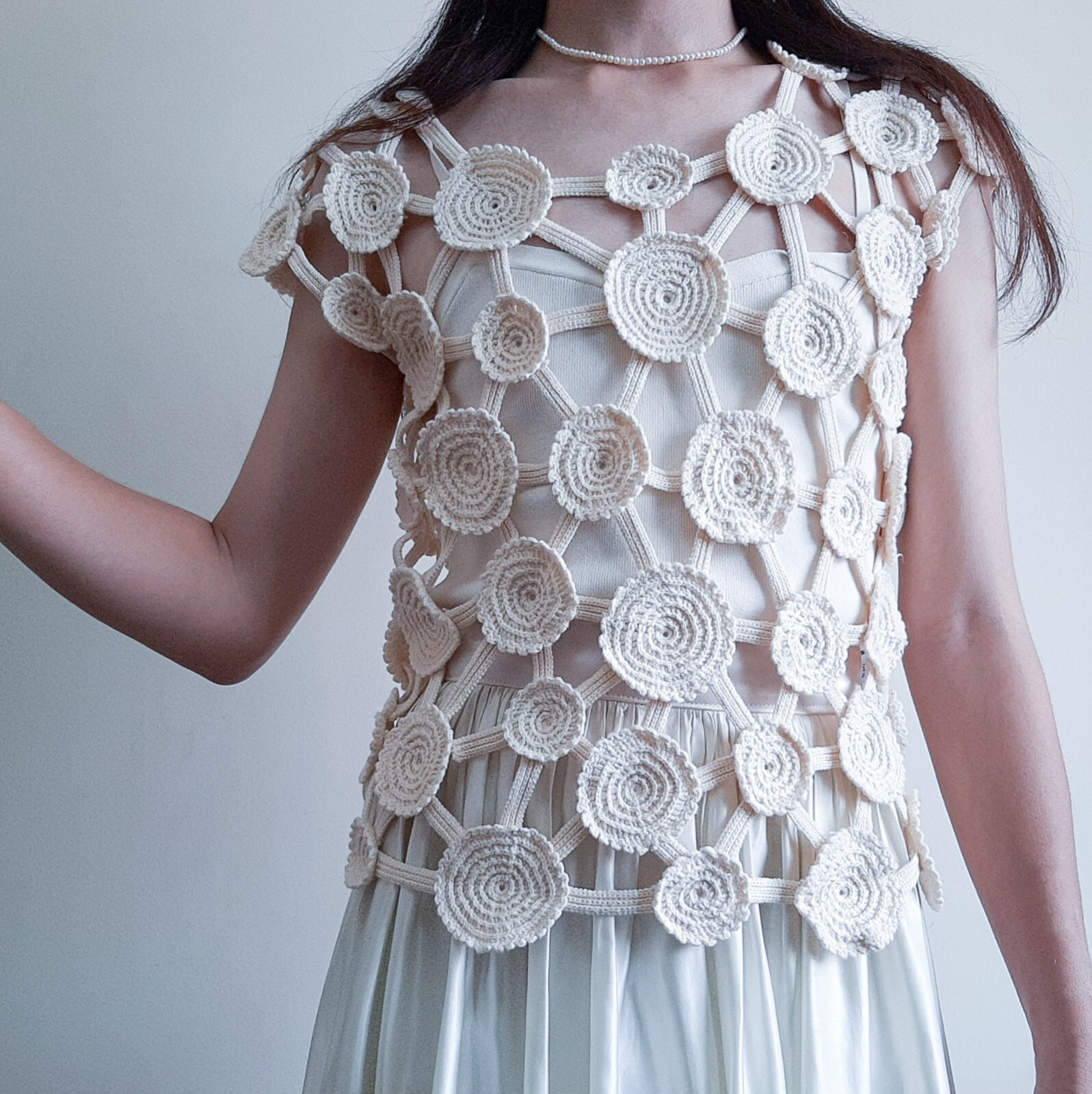 Cream Cotton Crochet Top Knit Blouse Summer Top Size M Beach Blouse Tunic Blouse