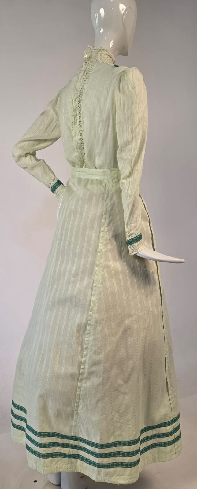 EDWARDIAN STRIPED COTTON 2 PC DRESS W LACE FRONT + HIGH COLLAR
