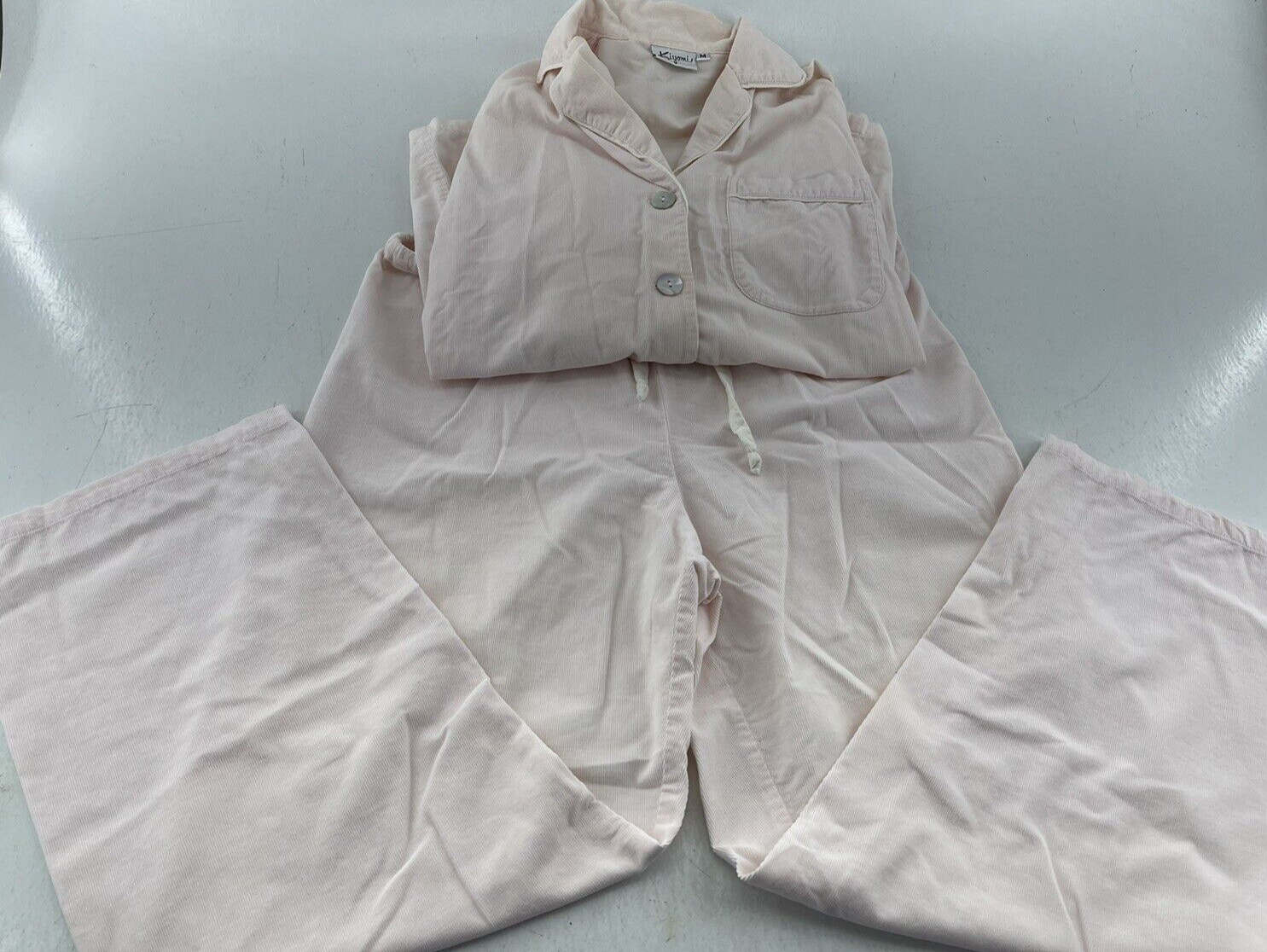 Women’s Pink Kiyomi Corduroy 2 Pc Pajama Set size Med Drawstring Pant Button Top