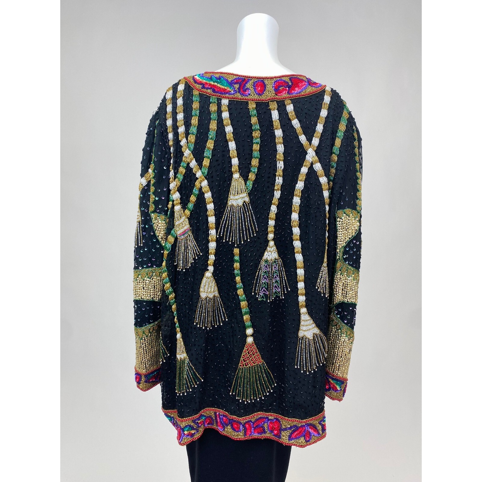 Vintage 1980s Silk Sequins Beaded Jacket Tassel Design Party Top New Years Eve