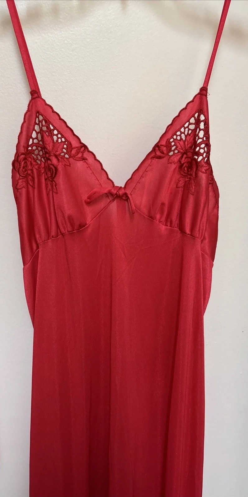 Flaw Vtg Soft Moments Peignoir Set NIGHTGOWN & ROBE Red Embroidered Trim Small