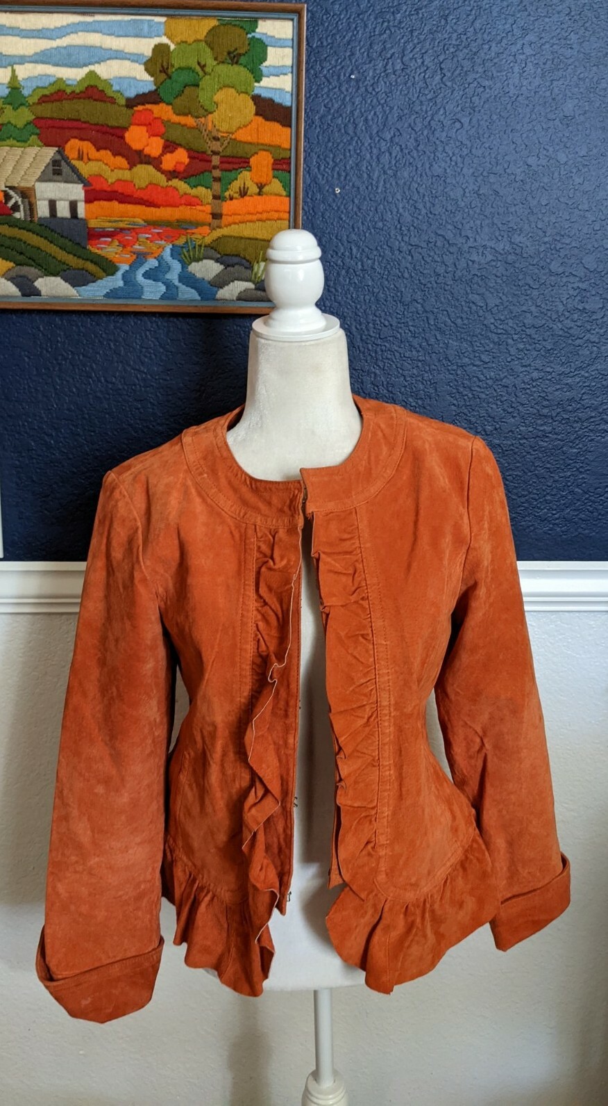 VTG Prosper & Devine Large Orange Leather Jacket Nautical Buttons Ruffle Medium