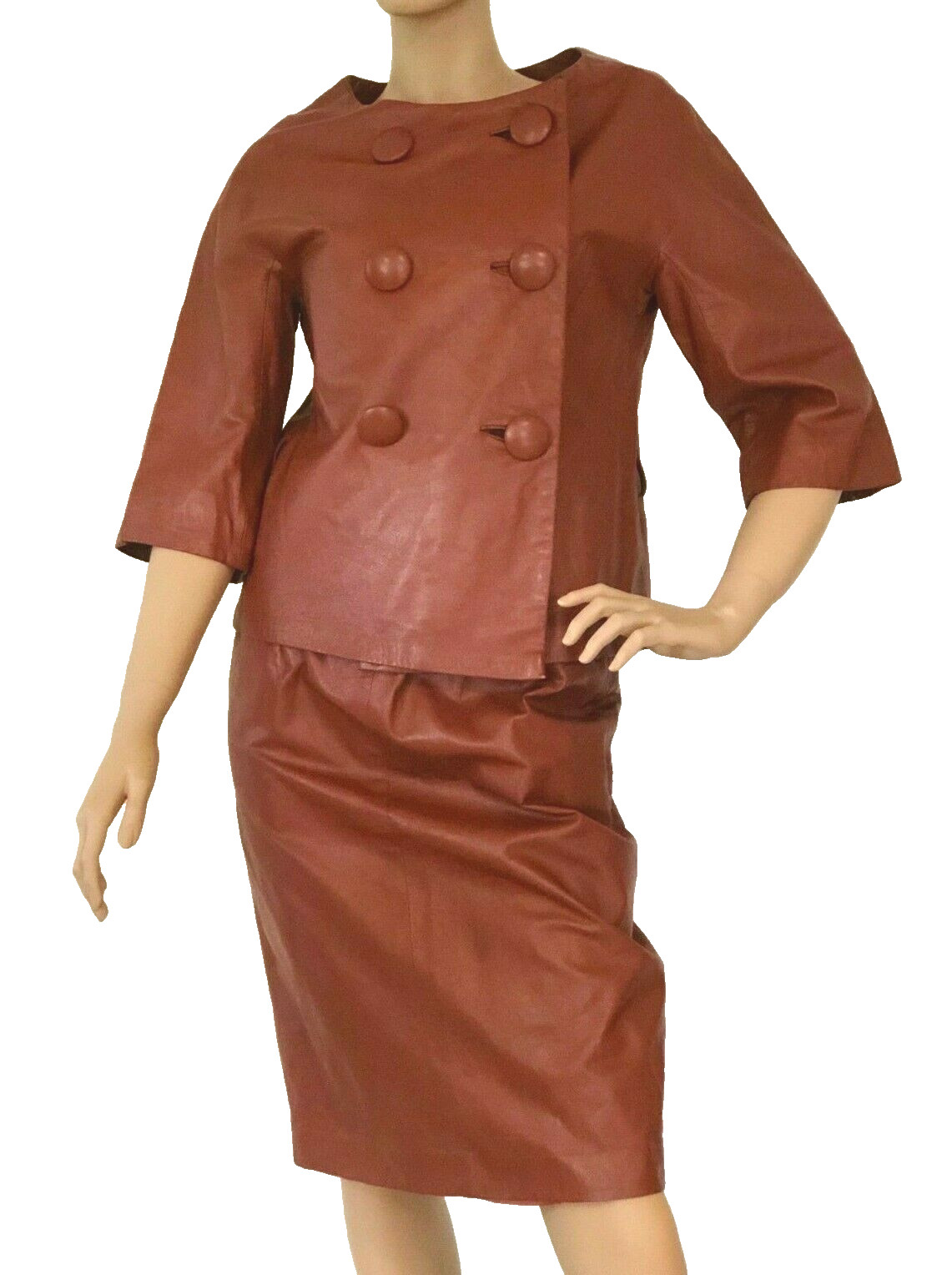 Vtg SAMUEL ROBERT Retro Soft Leather 3/4 Sleeve Statement Skirt Suit In Rust,12