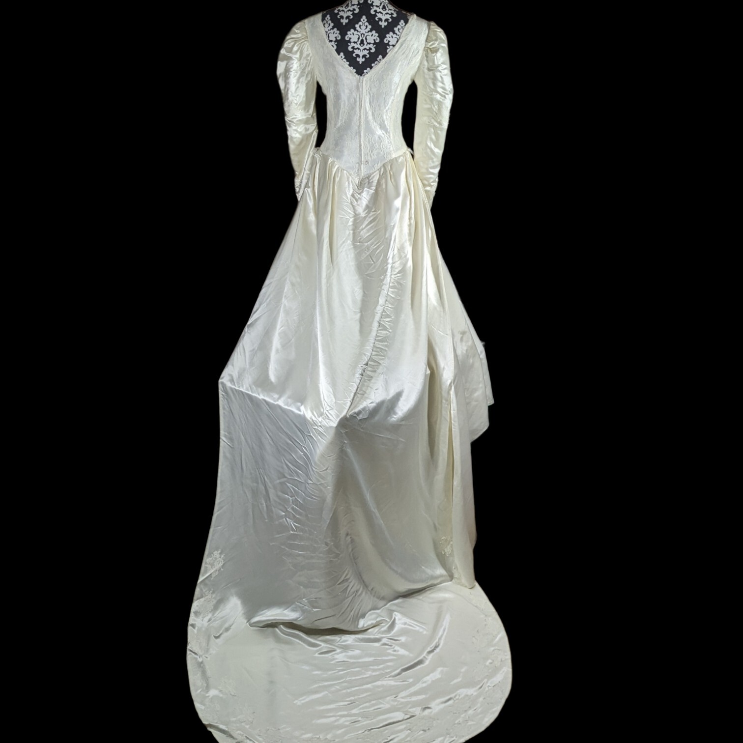 Vtg Wedding Dress 2 Trains S/M Cream Satin Lace Veil Tulle Slip Puff Long Sleeve