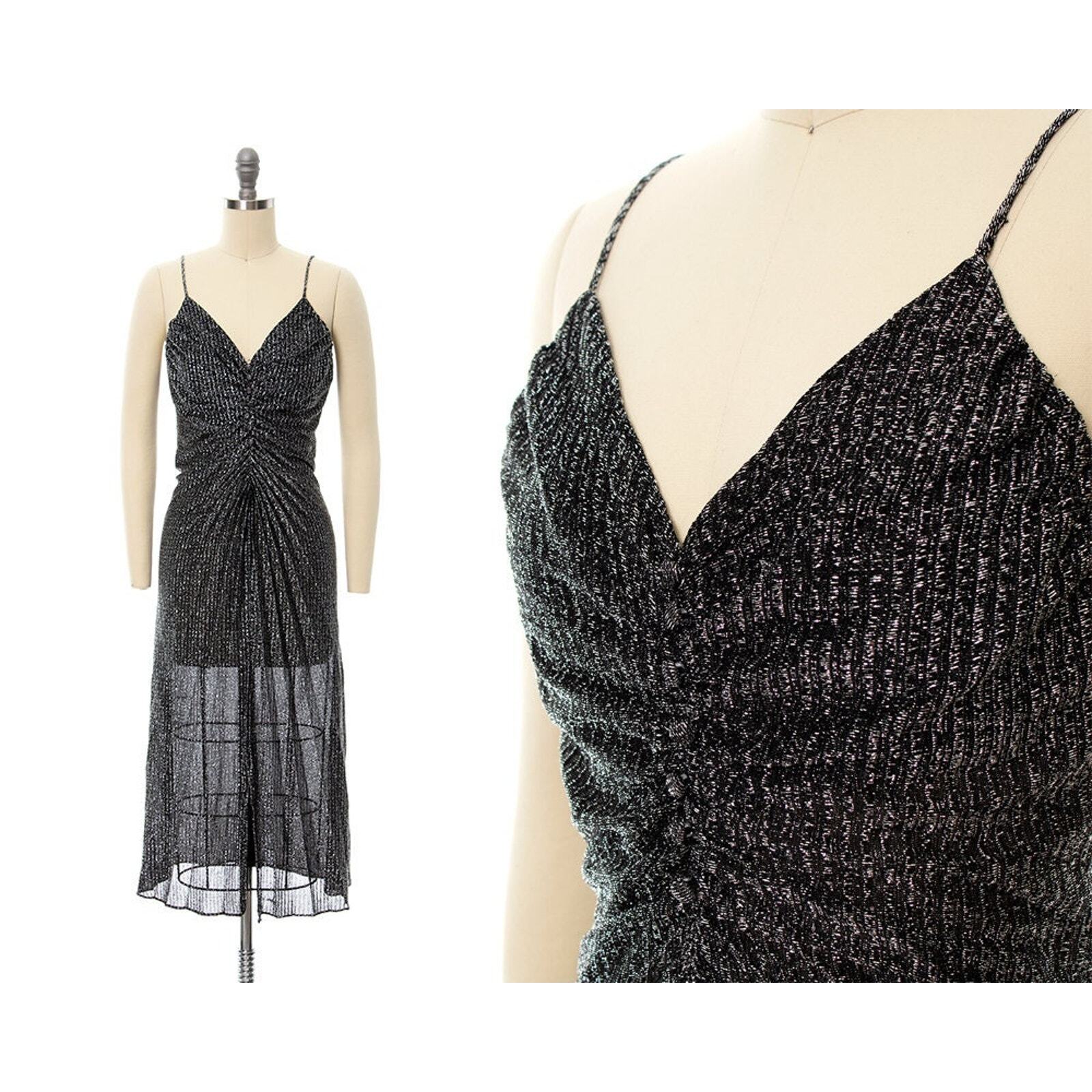 Vintage 1980s Party Dress 80s Metallic Black Silver Travilla Pleated Cocktail