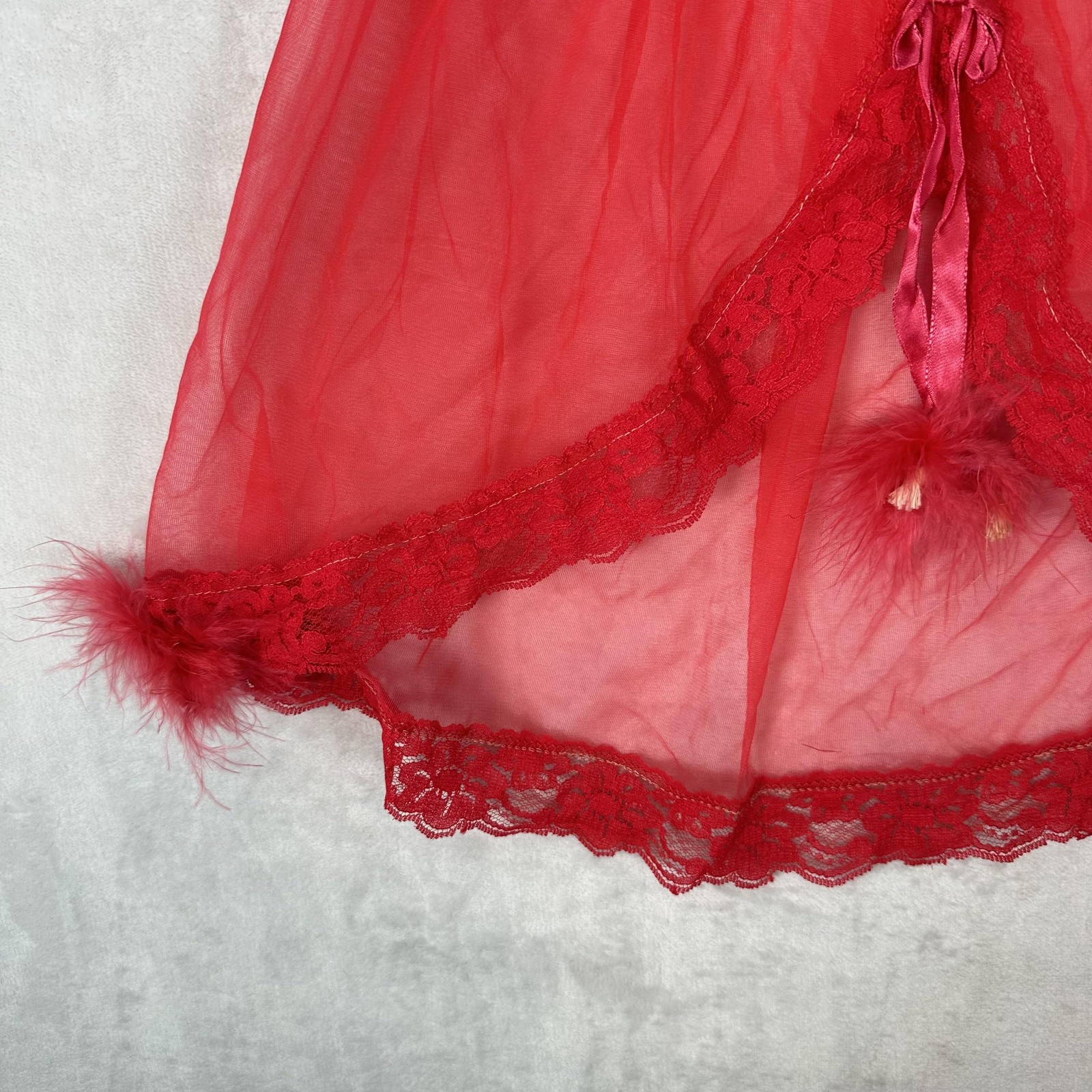 Vintage Exotique Top Womens OS Red Sheer Mesh Fur Trim Babydoll Lingerie 60s