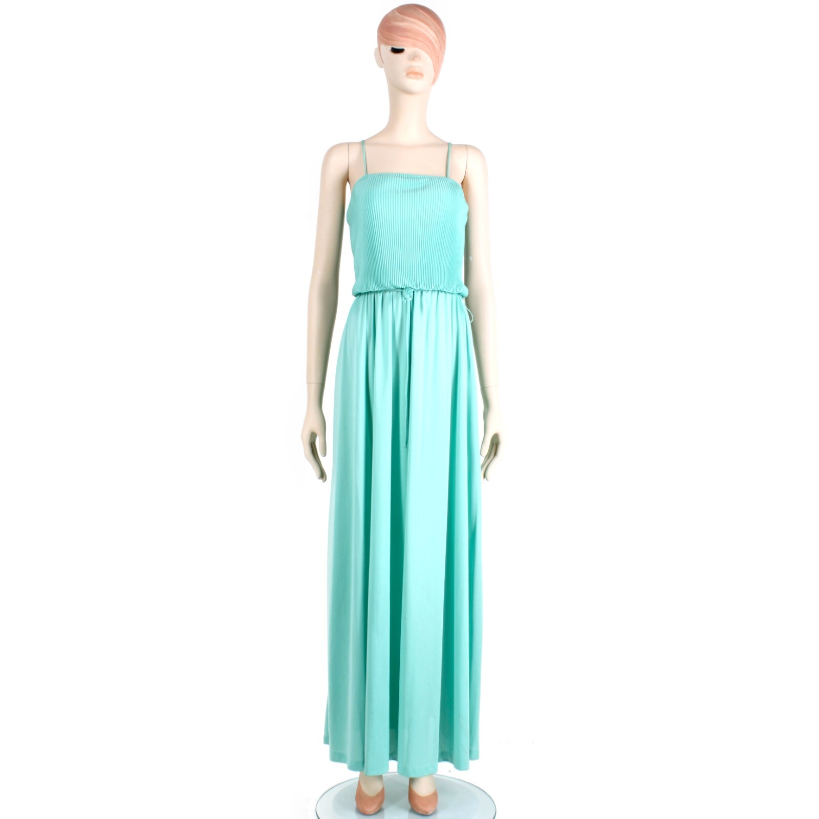 M Vintage 1970s Mint Green Aqua Silky Casual Sleeveless Maxi Dress 70s