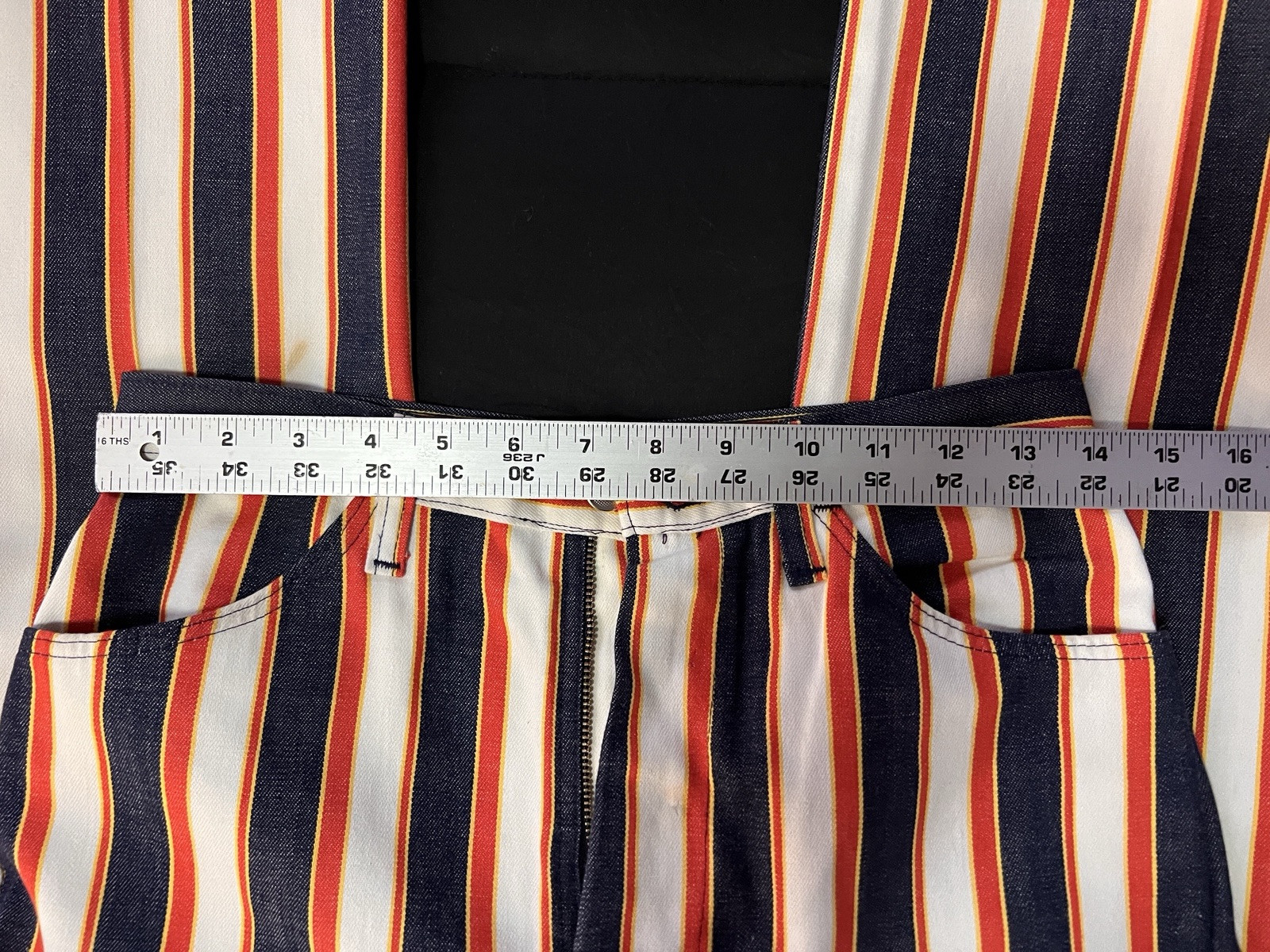 Vintage 70s Handmade Pants Black Orange & White Stripes 28×28.5