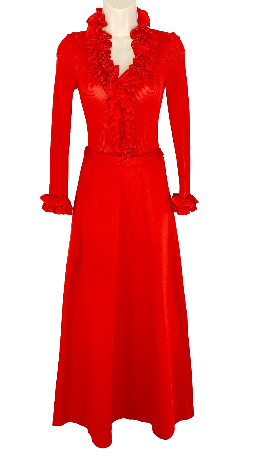 Vintage 1970s red ruffle maxi dress long sleeve flounce A-line Victorian style