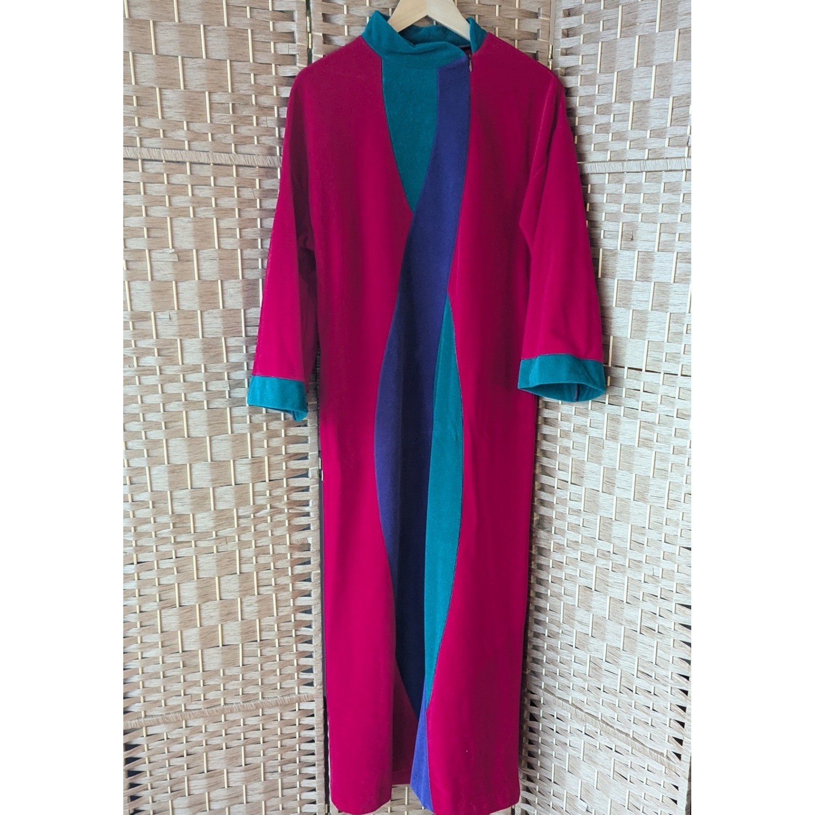 Vtg 80s Vanity Fair Colorblock Maxi Robe Dacron Lounge Dress Housecoat Velour