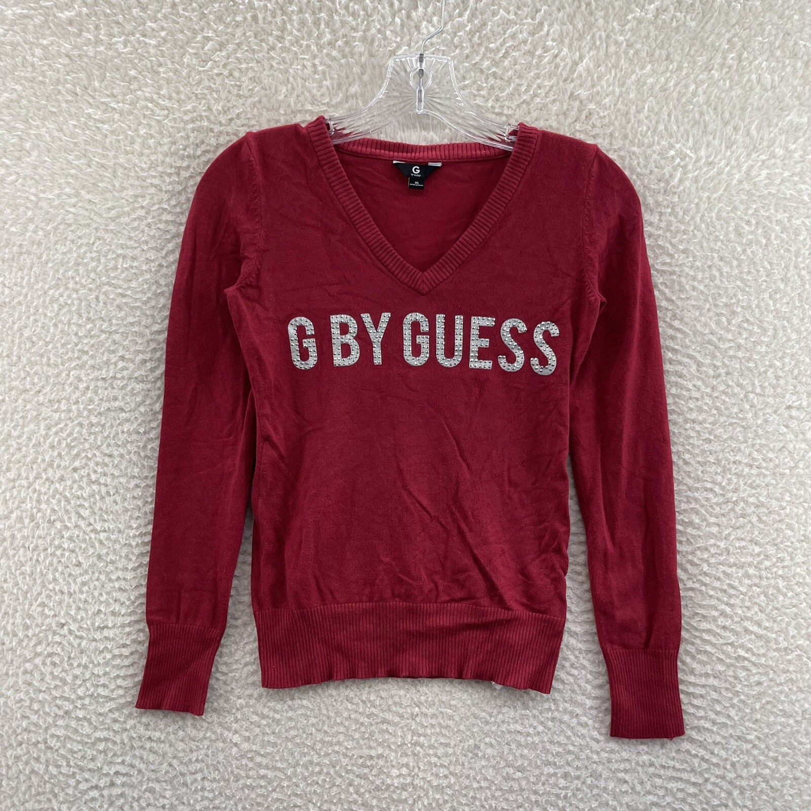 Y2K Vintage Guess Top XS Small Red Studded Logo Spellout Long Sleeve McBling