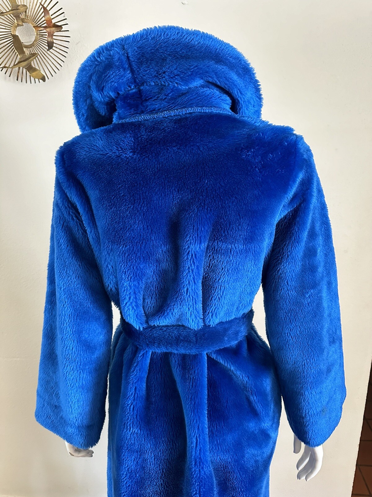 1970s Montgomery Ward Electric Blue Shag Robe Plush Faux Fur Belted Medium VTG