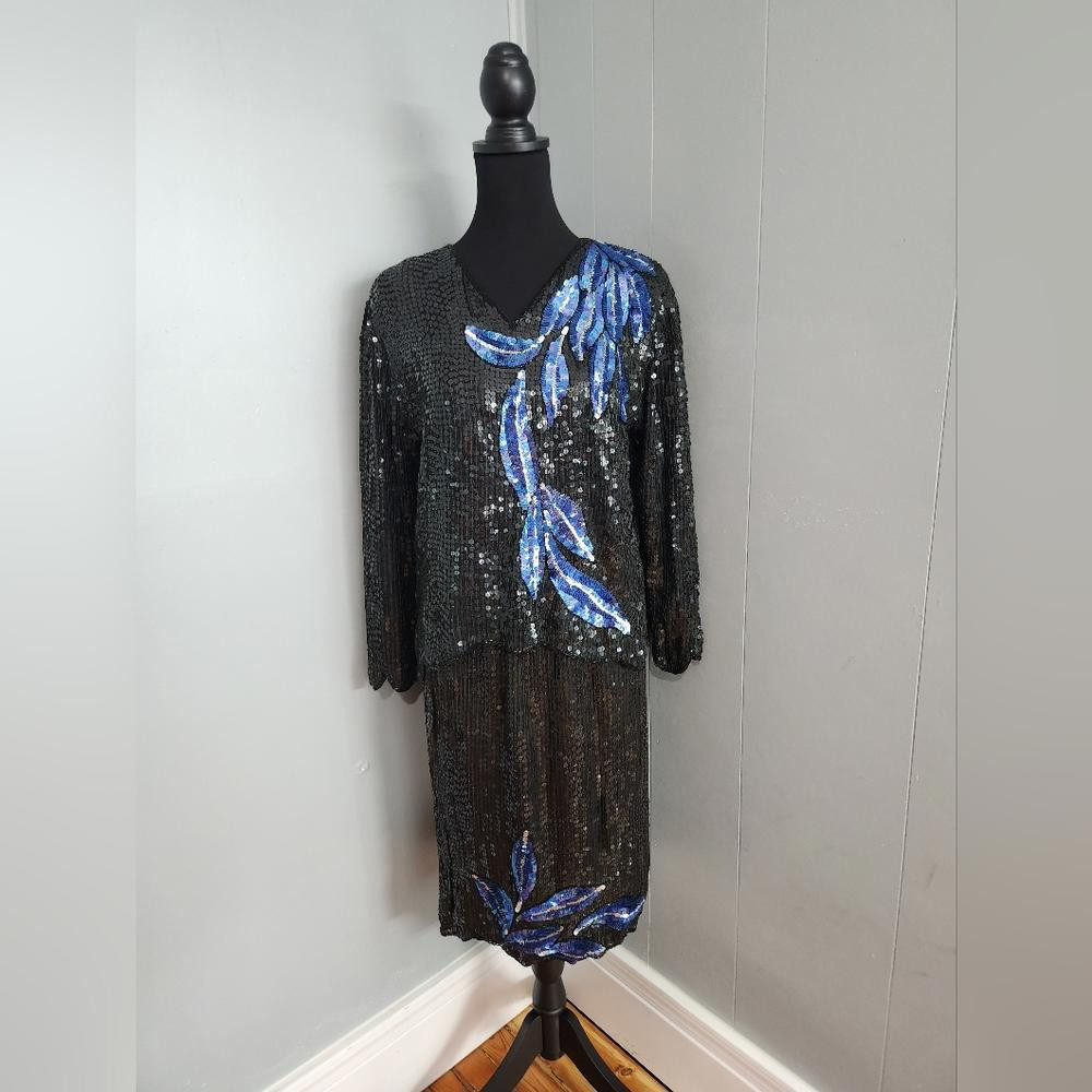 Vintage Royal Feelings 100% Pure Silk Black Blue Sequin 2 Pc Set Size Large