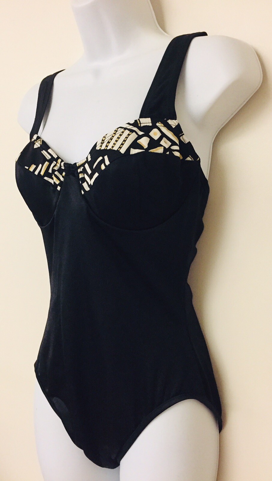 Christina Black White Gold Balconette One Piece Swimsuit Vintage 1980s Size 14