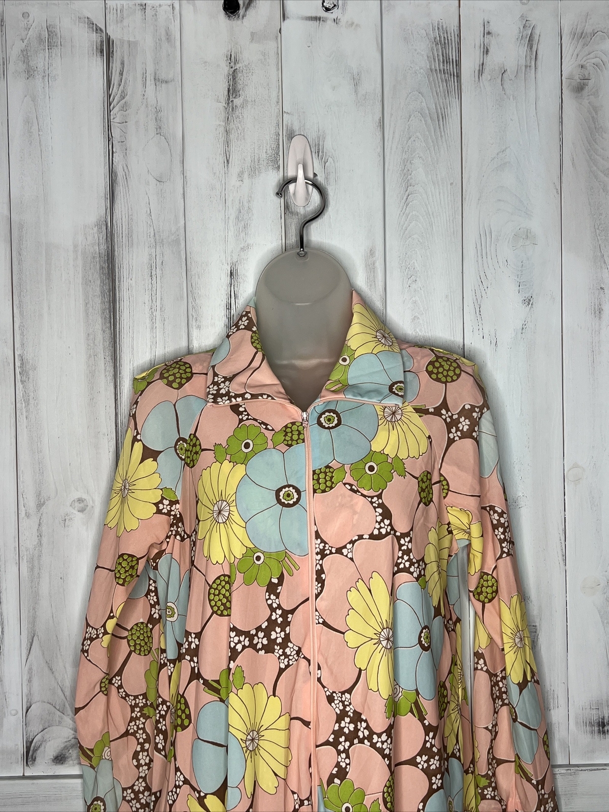 Vintage Leonora Retro Floral 100% Nylon Half Zip Robe Pocket Long Sleeve USA S