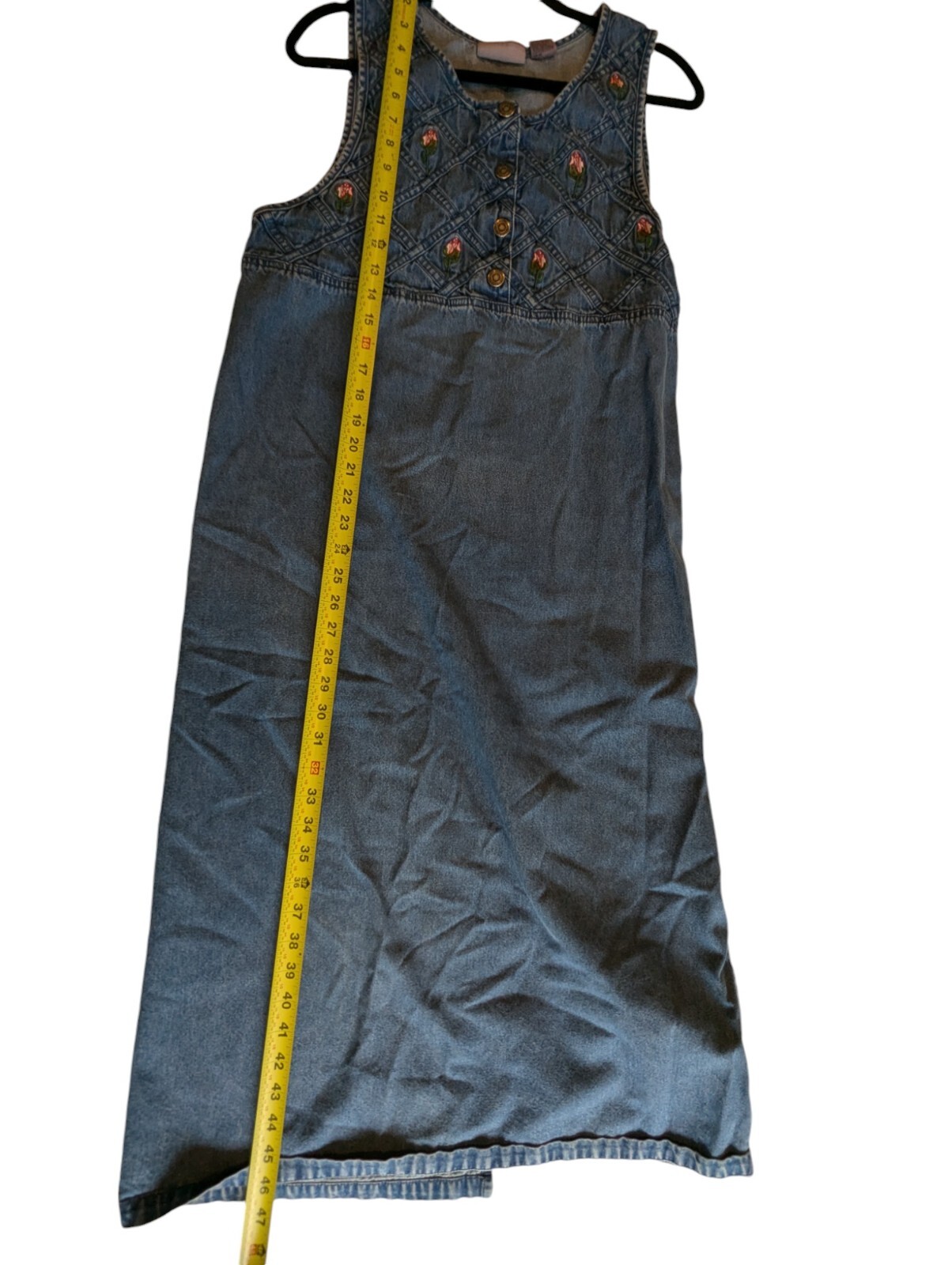 Premier Cottagecore Denim Dress Floral Embroidered Button Front Sleeveless Large