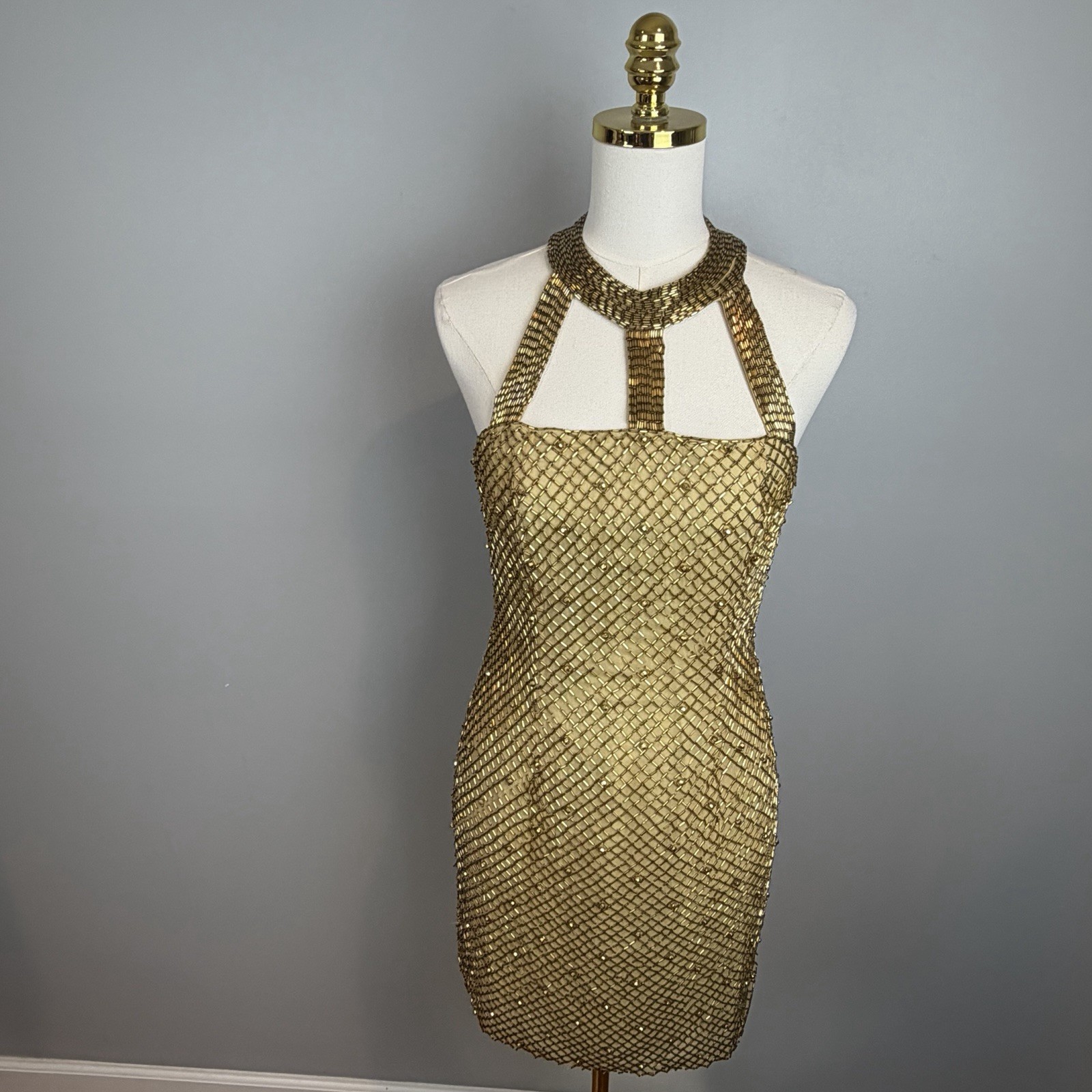 Gold Beaded Dress Womens Size 6 Vintage by Black Tie Oleg Cassini Needs Repairs
