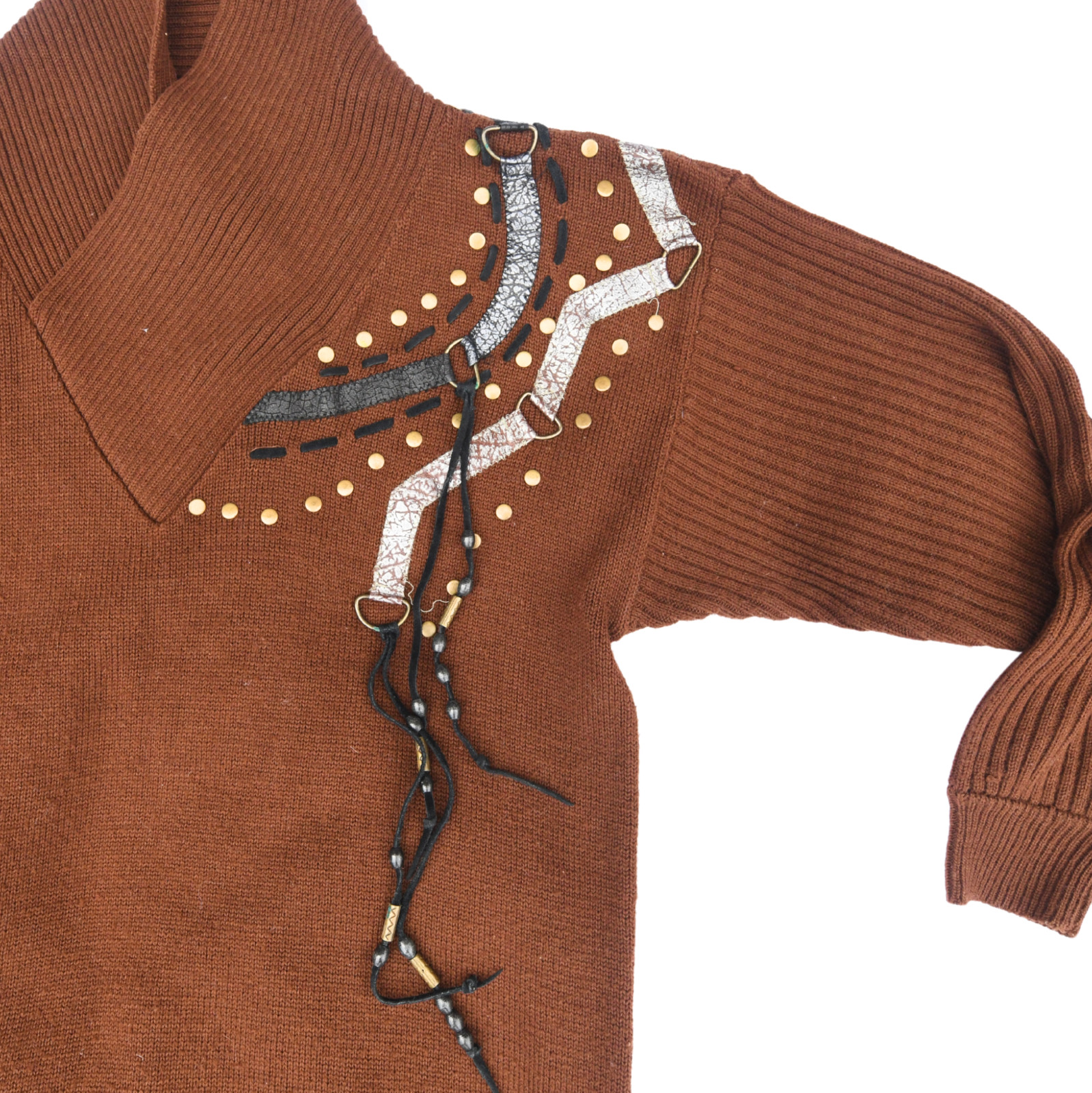 Vintage 80s Moonglow Knits Sweater Skirt Set M Brown Embellished Studs Wool Blen