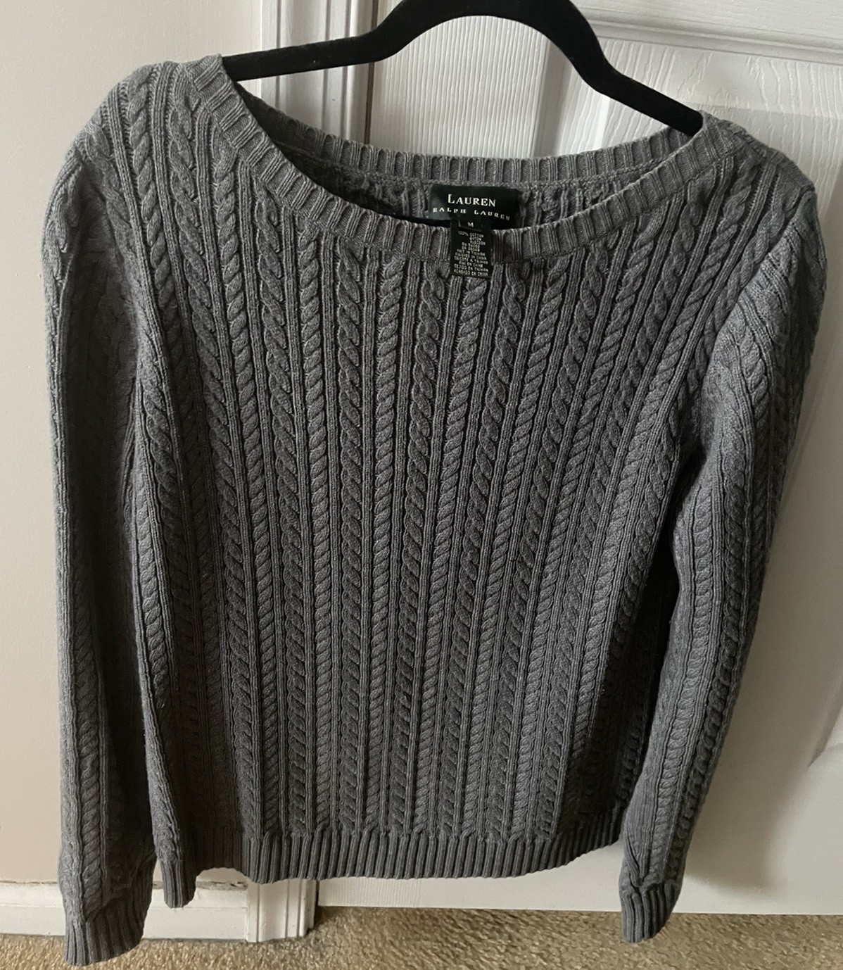 Used Ralph Lauren Cotton Cable Sweater Size M, Sophisticated Heather Dark Gray