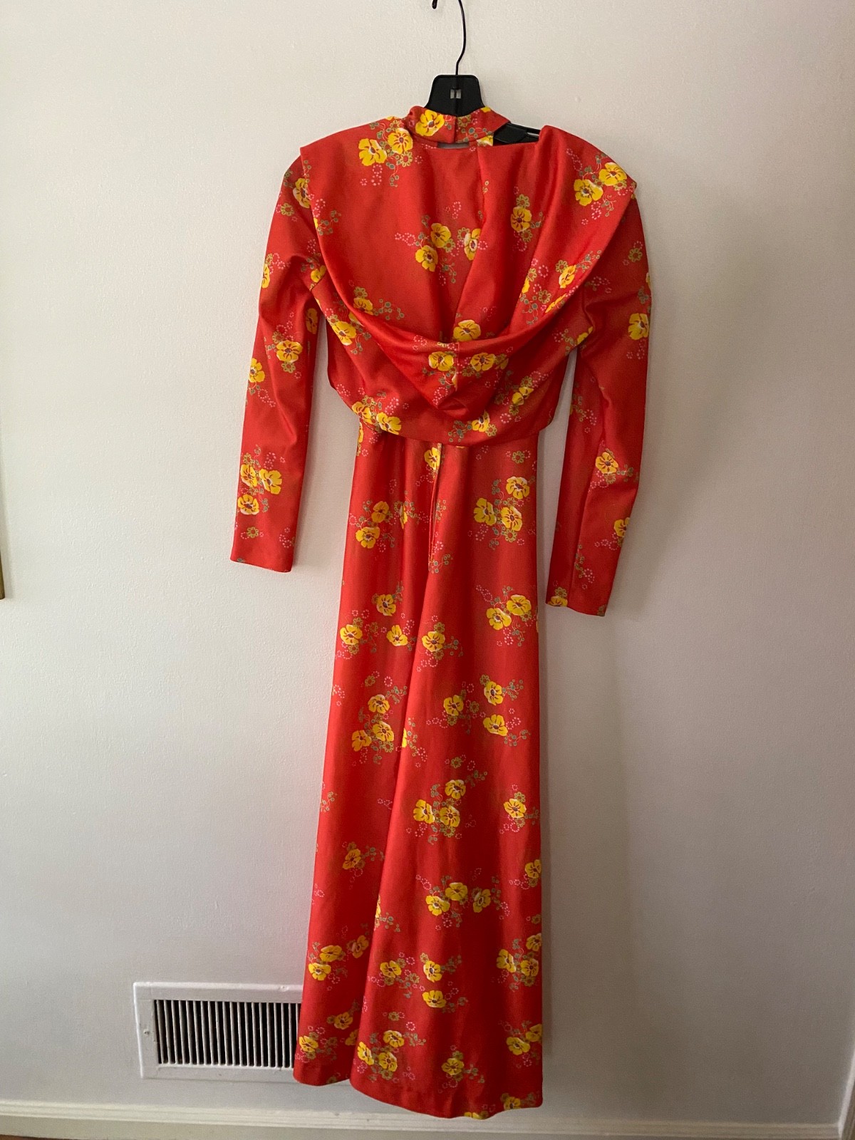 Rare Vintage 1970s Orange Floral Maxi Dress Jacket Hooded Boho Unique Small