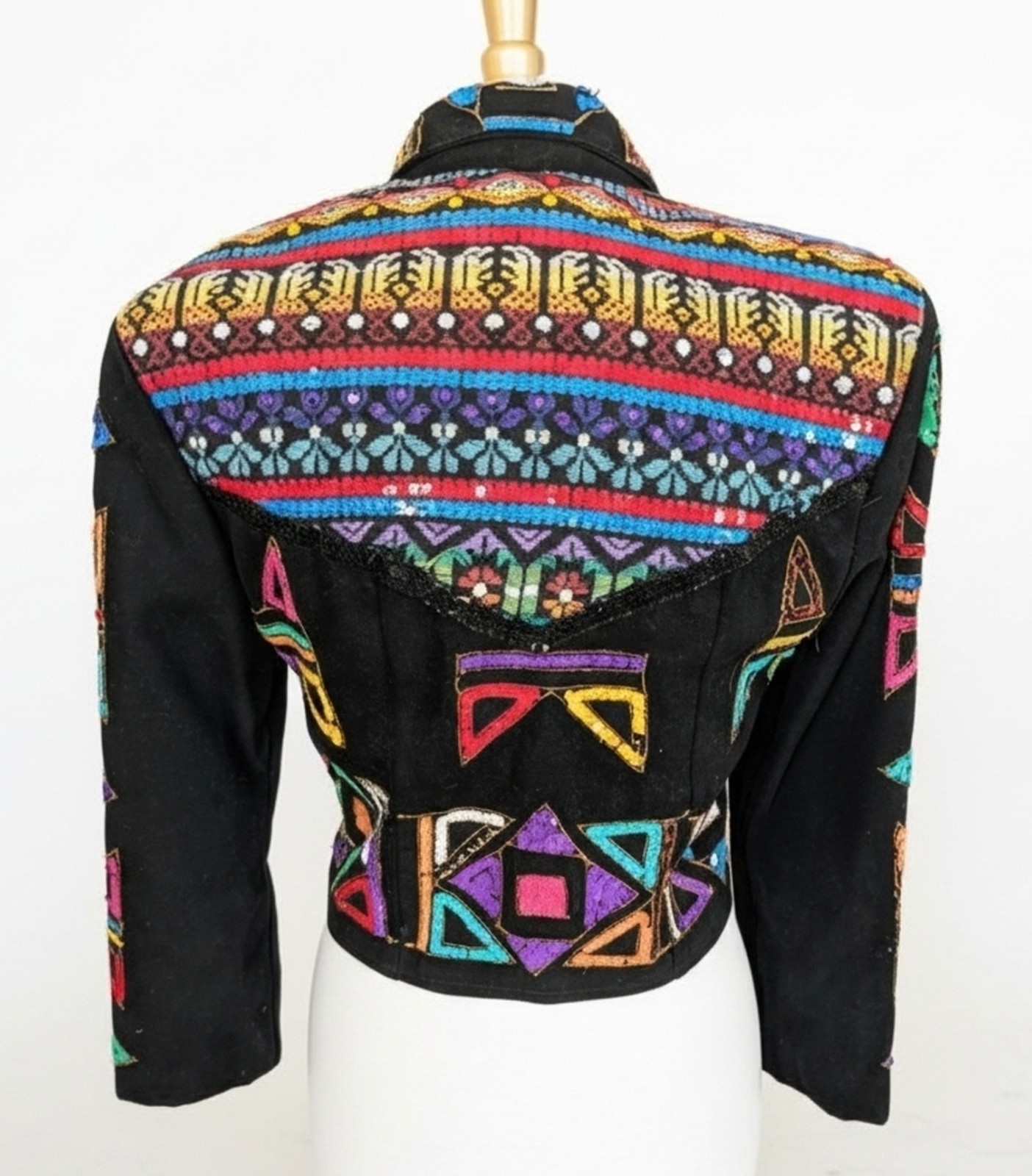 Vintage 1980s Modi Sequin Geometric Blazer Sz S Aztec Tribal Cotton Blend Jacket