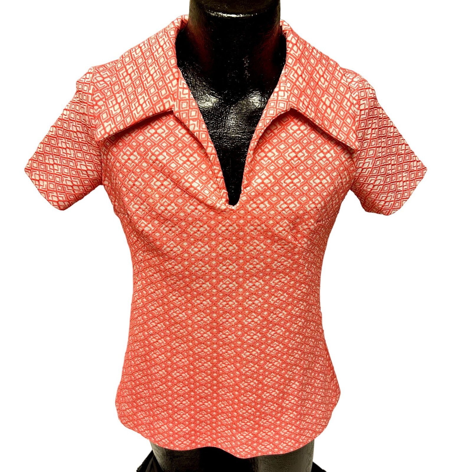 Vtg 60 70’s KNIT MoD PINK White GEOMETRIC Go Go Hippie MINI Dress Disco Shirt M