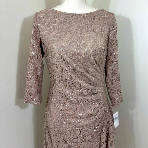 Alex Evenings Sequin Lace Gown 3/4 Sleeves Cascade Detail Front Slit Size 8 NEW