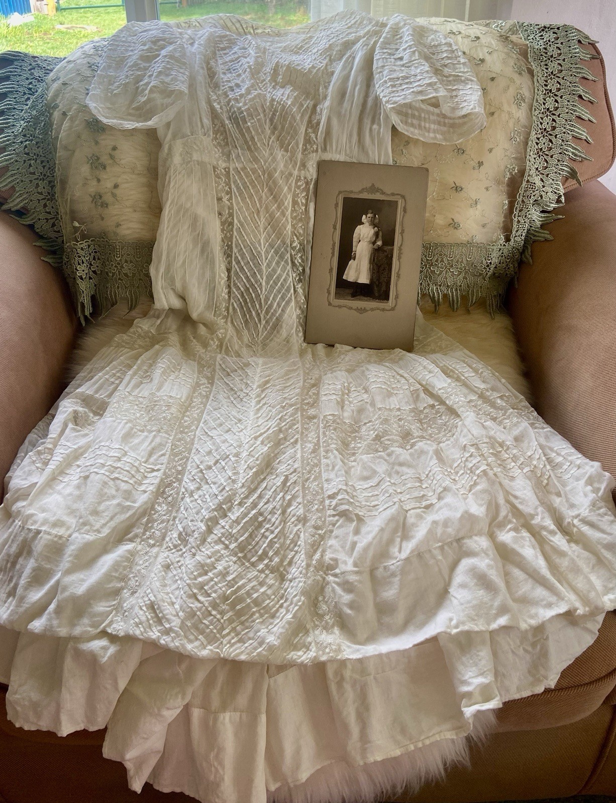 1907 Antique Embroidered Edwardian Era White Muslin Lace Dress “Hazel Slifir” 13