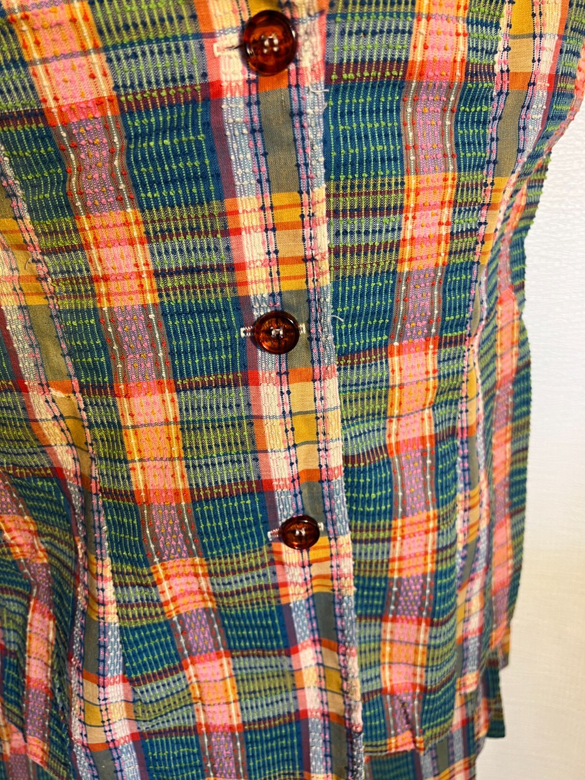 1970s Vtg 2pc Skirt Suit S Multicolored Nubby Plaid Short Sleeve Miss Pat w Belt