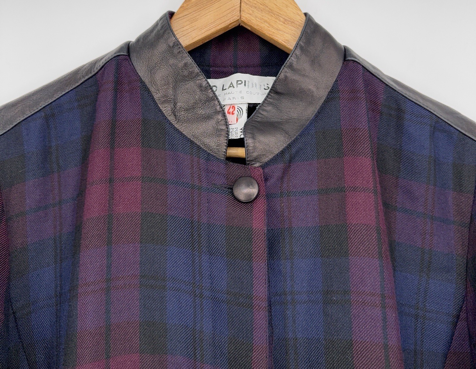 Ted Lapidus Couture Women’s Coat Navy Burgundy Plaid Leather Trim FR 42