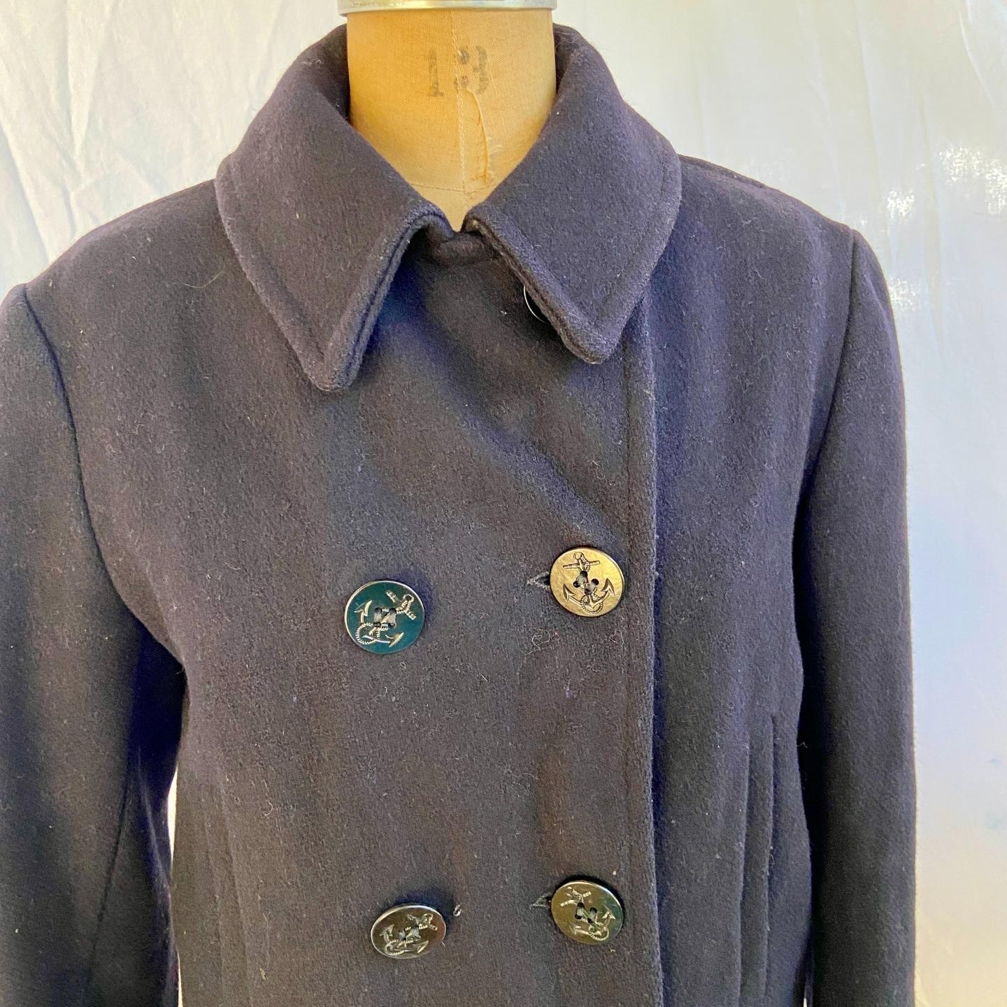 vtg 50s 60s RICHARDS AUTHENTIC Navy Blue Wool Pea Coat Jacket Anchor Buttons 16
