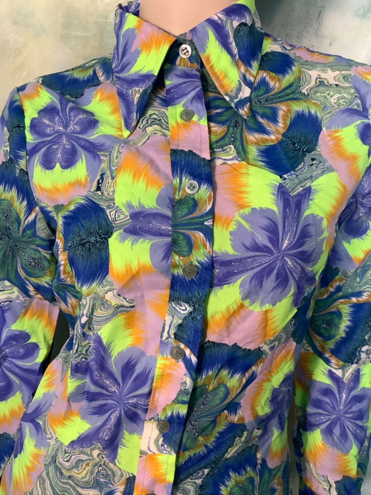 Vintage 70’s Psychedlic Disco Blue/ Green/ Pink Shirt Blouse by Alison Peters