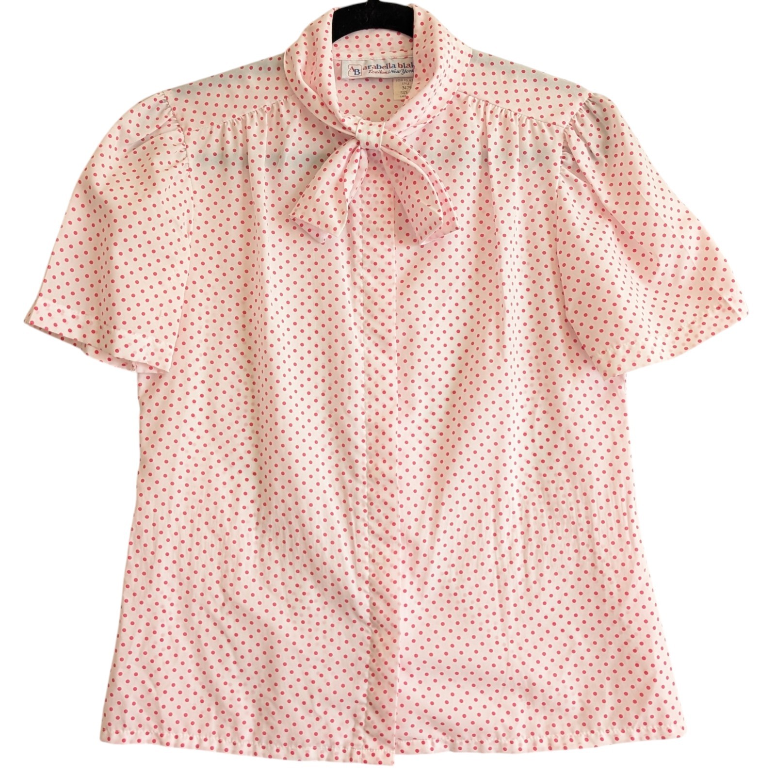 Vtg Arabella Blake Pink Polka Dot Bow Blouse Button Down Retro 70s