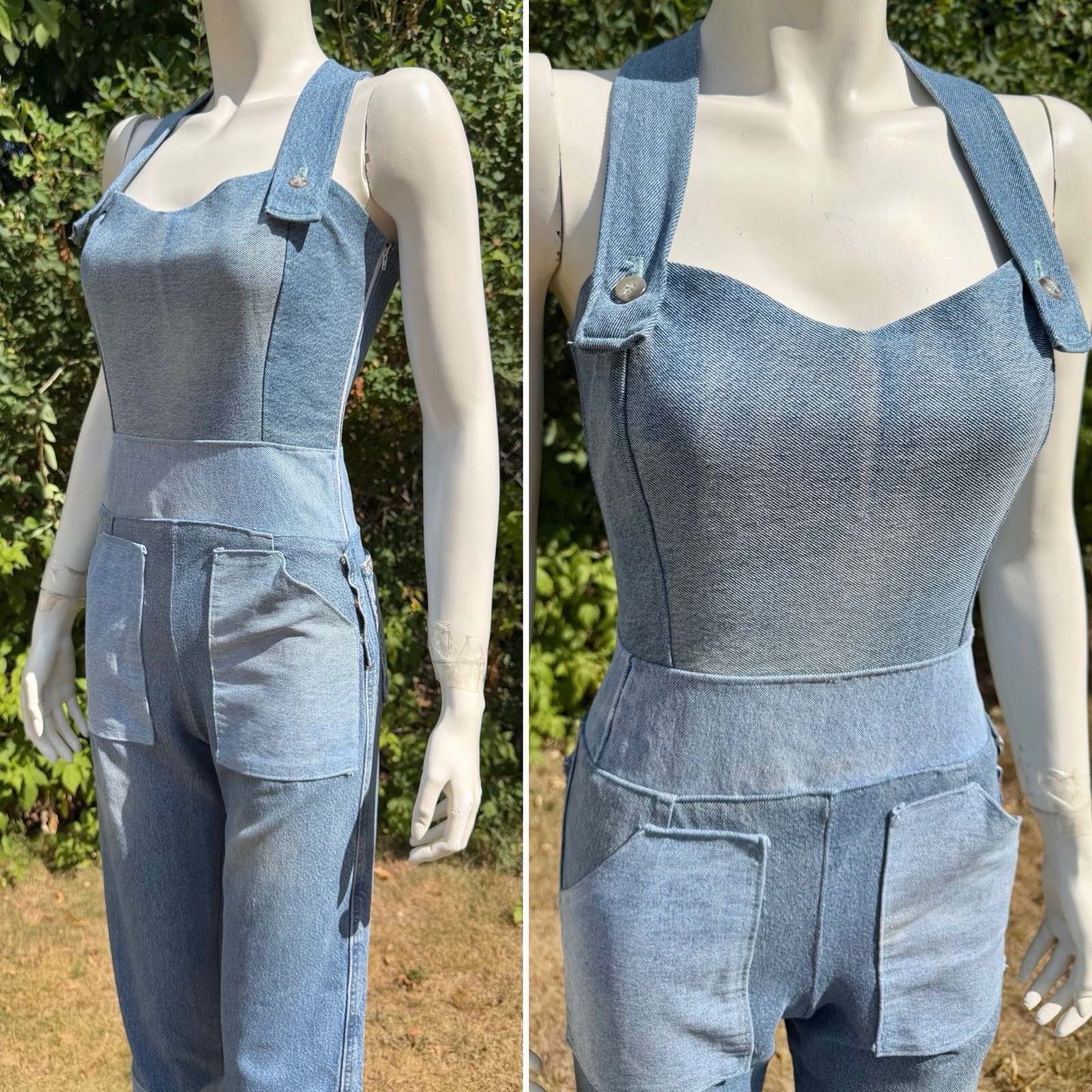 Vintage DENIM JUMPSUIT Patchwork 1980s 90s does 1940s Bib Overalls Distressed XS