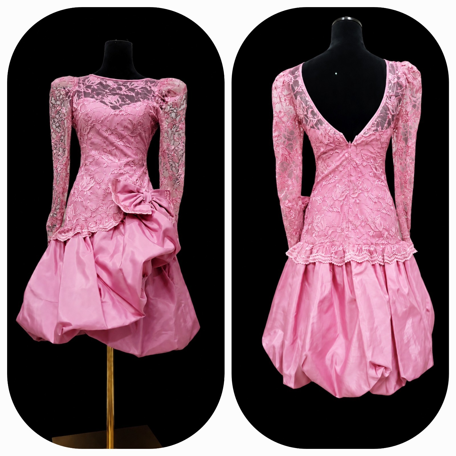 VTG 80s Blush Pink Taffeta Lace Prom Party Dress Long Sleeve Bow Bubble Hem
