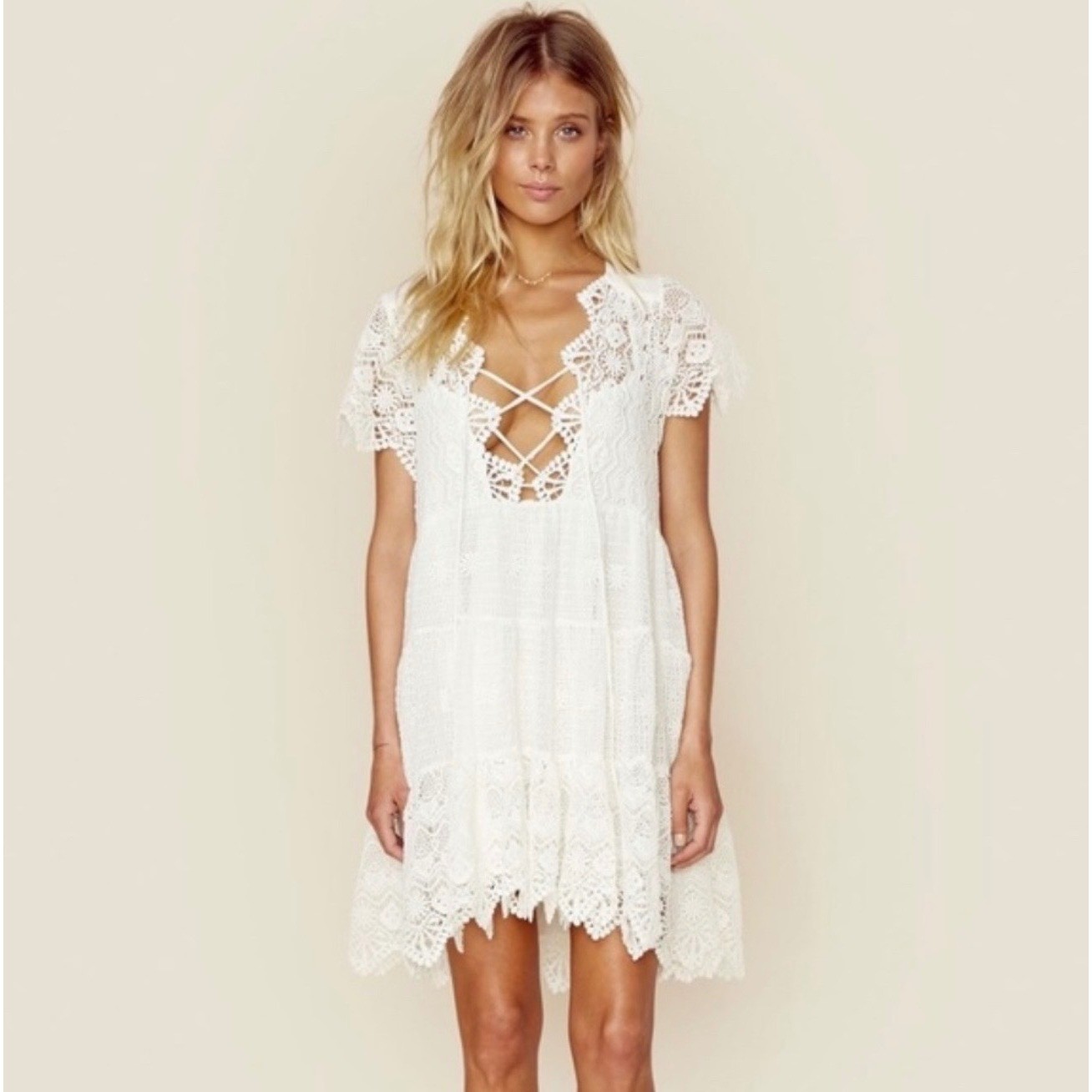Jen’s Pirate Booty White Romance Short Sleeve Lace Mini Dress Small