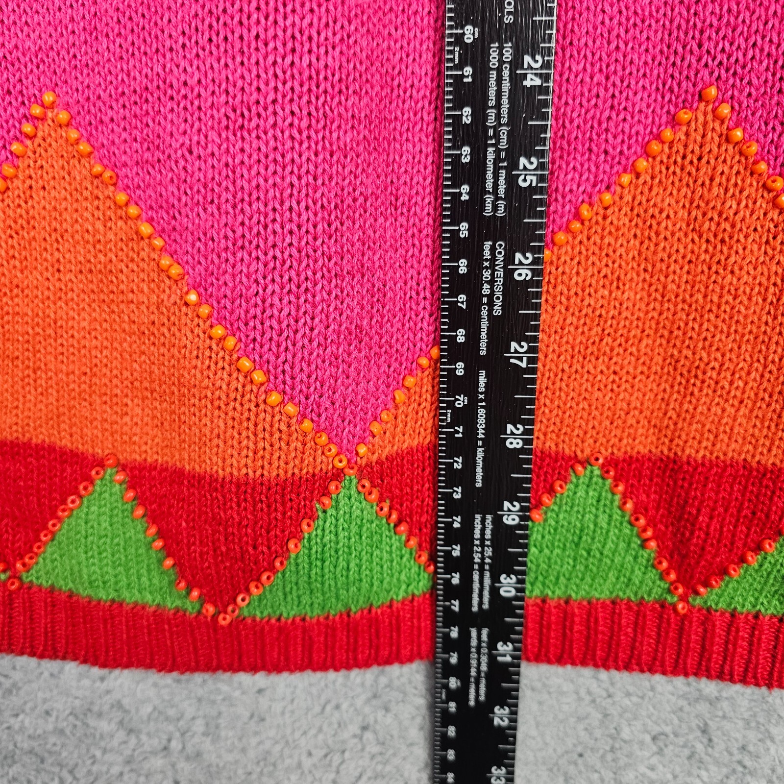Vintage 80s Womens Sweater Large Red Hip Hop Colorblock Beaded Geometric Cotton