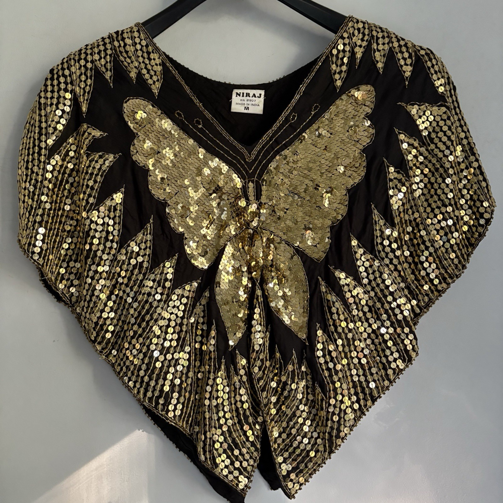 Vintage NIRAJ Silk Sequin Butterfly Blouse Top Black Gold Batwing Dolman Size M