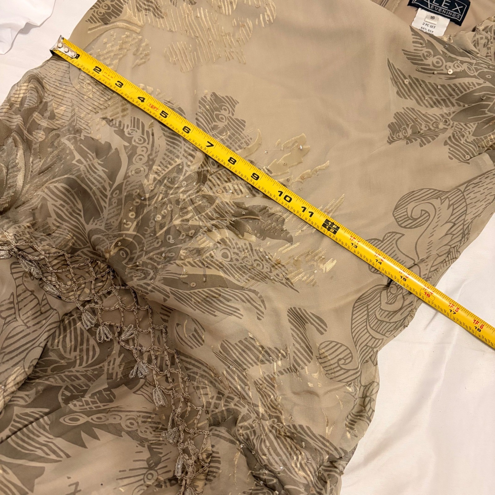 Alex Evenings Vintage Beige Floral Beaded gown with gorgeous fringe detailing