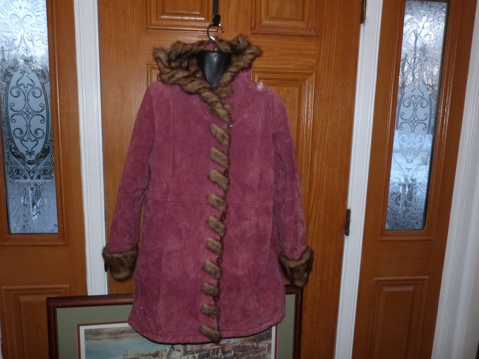 Dennis Basso suede coat vintage 1990s faux fur red Burgundy Maroon wine hood W L