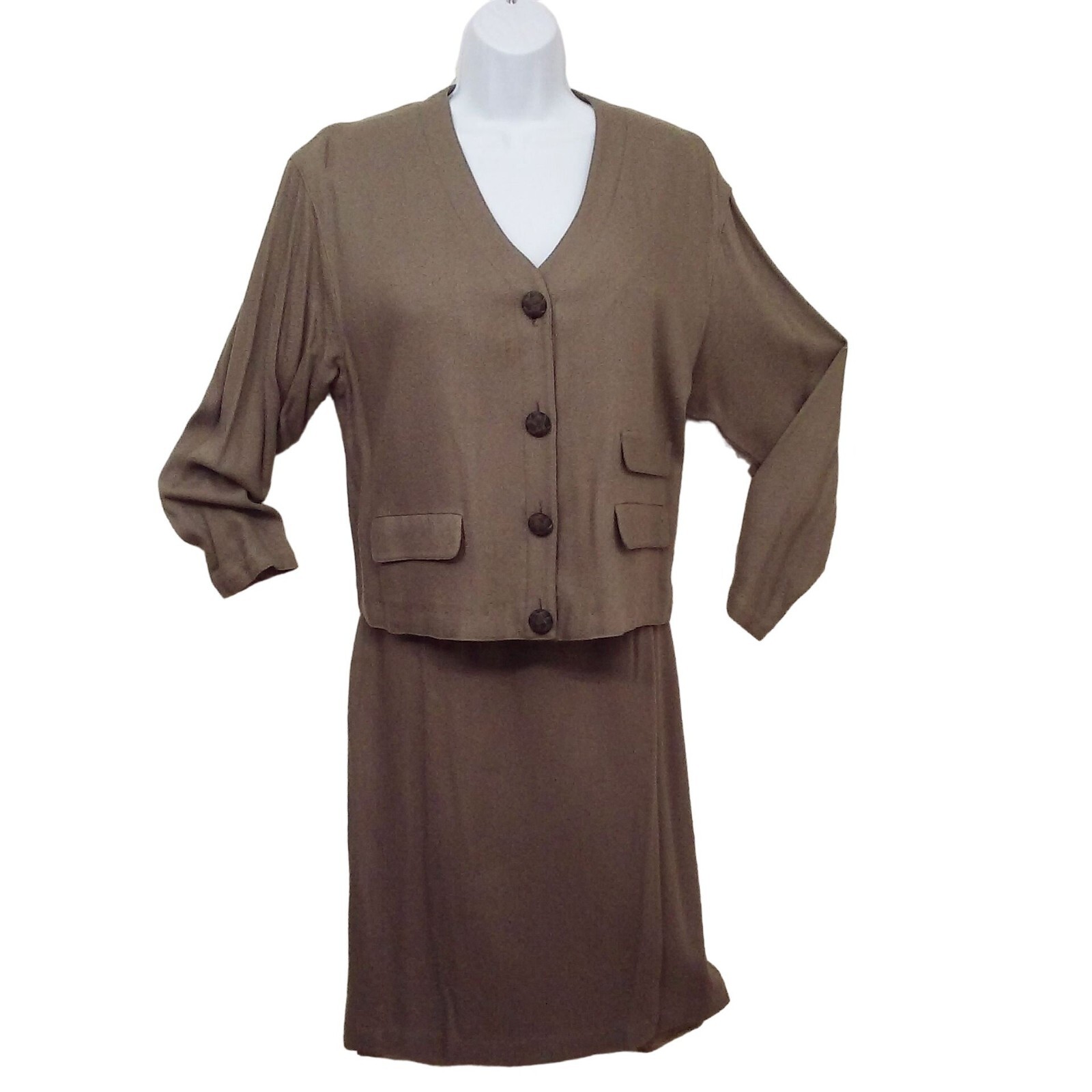 Vintage 90s 2-pc Set Carole Little St Tropez West Shacket Skirt L(14) Taupe Flaw