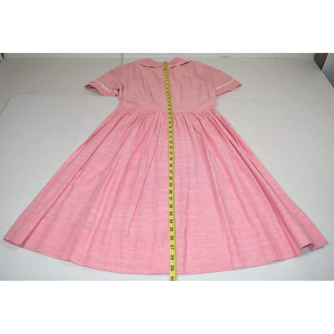 Vintage Midi Dress Size S/M 50s Cotton Candy Pink White Lace Trim Heart Buttons