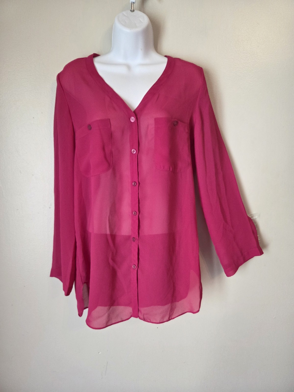 Vintage 80s Steven Barry Hot Pink Lightweight Sheer Button Front Top Shirt 9/10