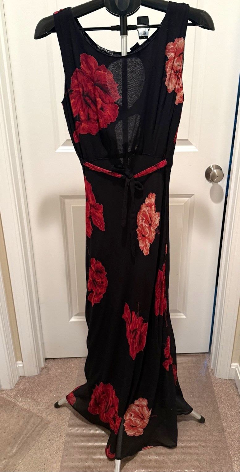 Nostalgia Women’s M Maxi Dress Black Floral Chiffon Scoop Neck Tie Waist