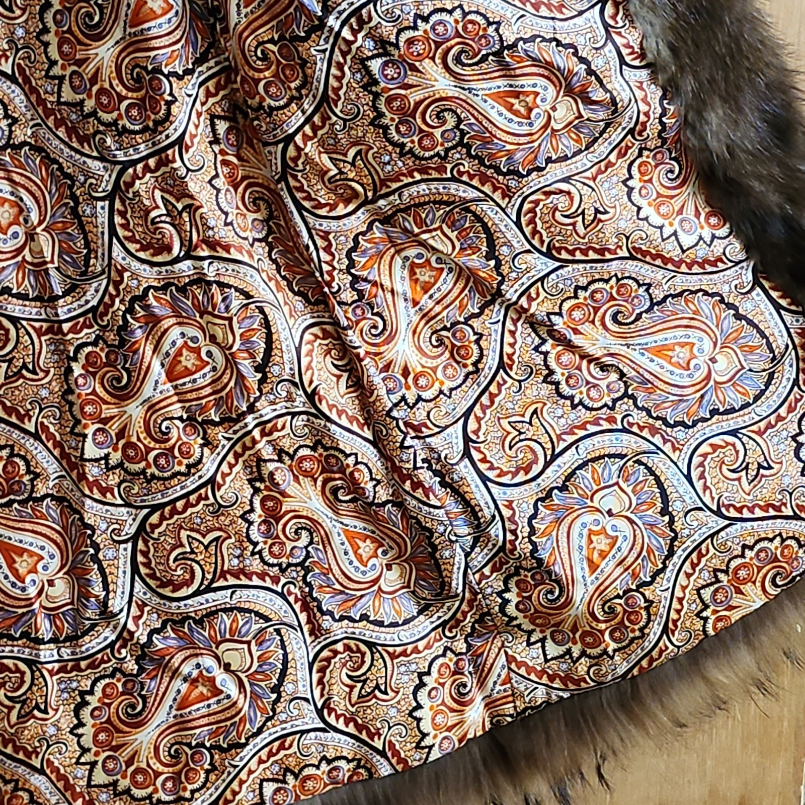 Vintage Rabbit Fur Coat w/ Raccoon Fur Collar & Trim Paisley Lining 41″ -AS IS-